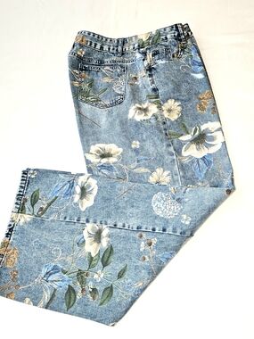 SHEIN Women Wide Leg Floral Denim Jeans Boyfriend Fit High Waist W32 L32